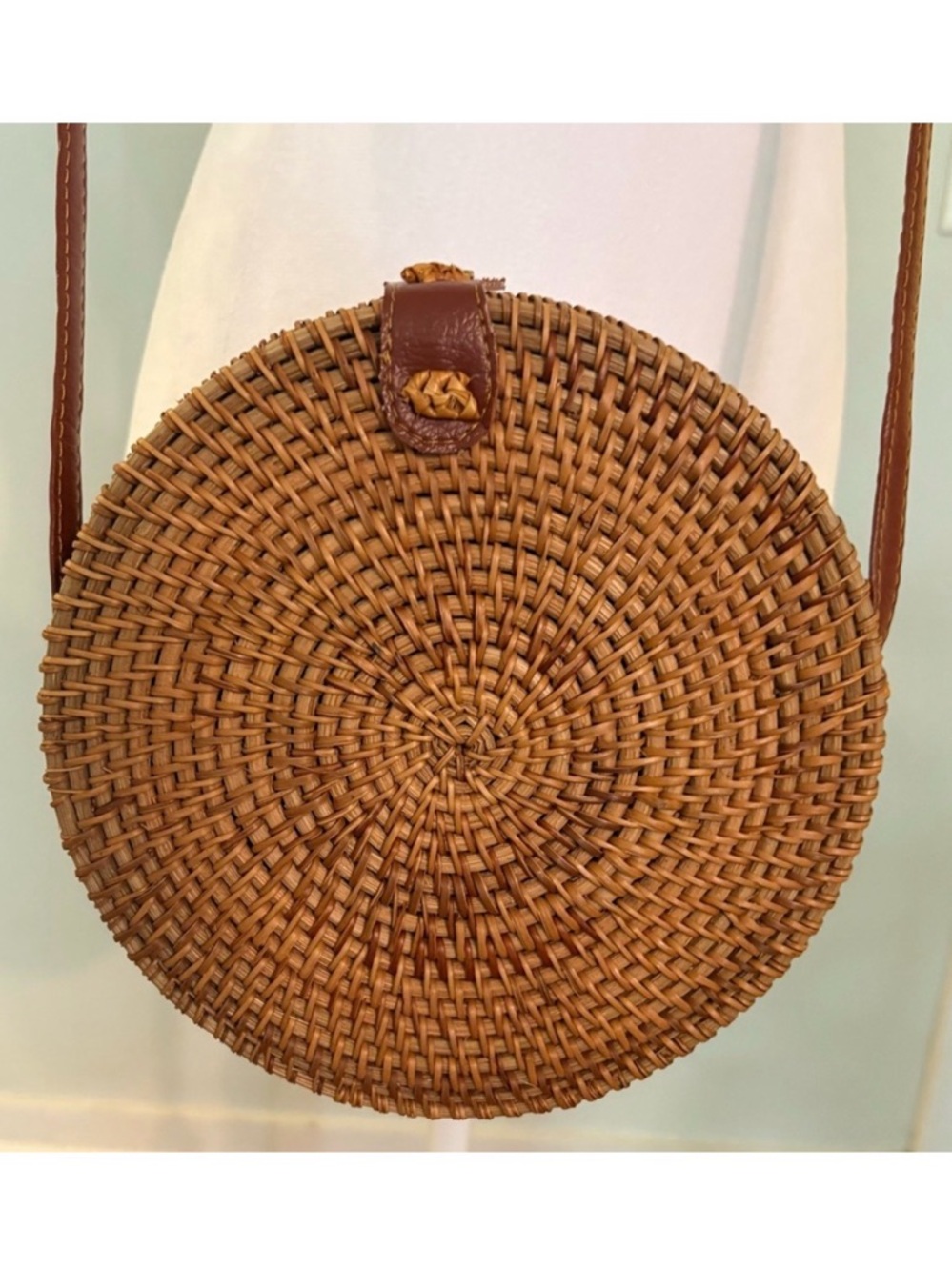 Natural NEO Handwoven Round Rattan Crossbody, Leather Straps & Floral Lining - Picture 2 of 9